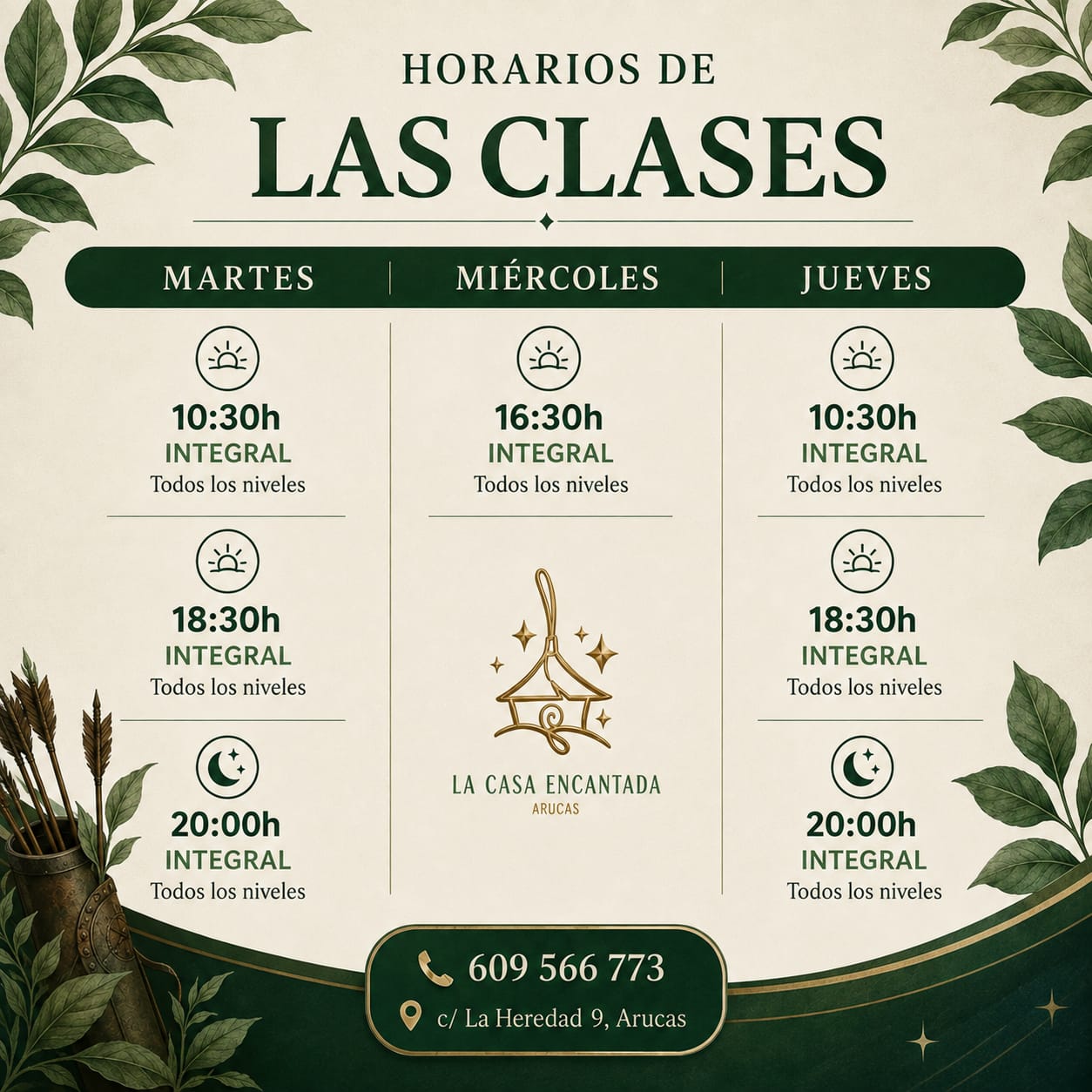 Horarios de las clases de Yoga Integral de La Casa Encantada de Arucas